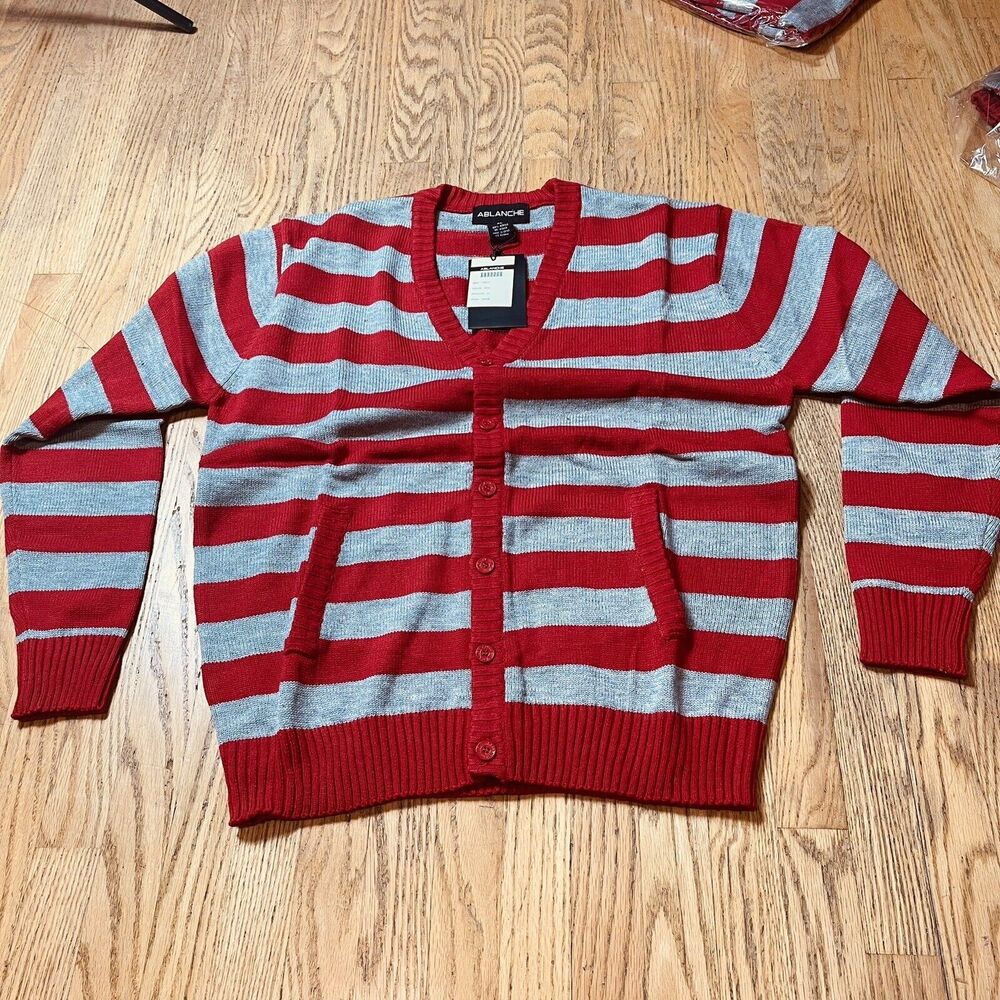 Mens Ablanche Button Up Cardigan Gray Red Stripes NWT Size XL